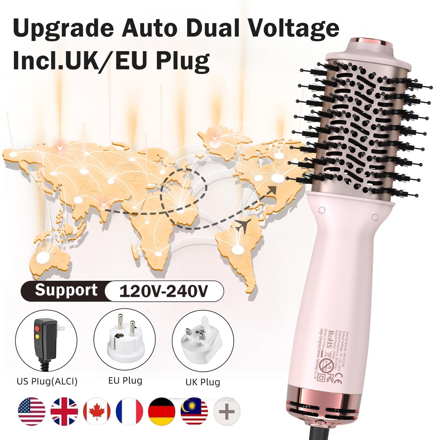 Ariellagou Dual Voltage Travel Hair Dryer Brush Mini Hot Air Brush with European Plug One Step Blow Dryer and Styler Volumizer for Home and Salon Use