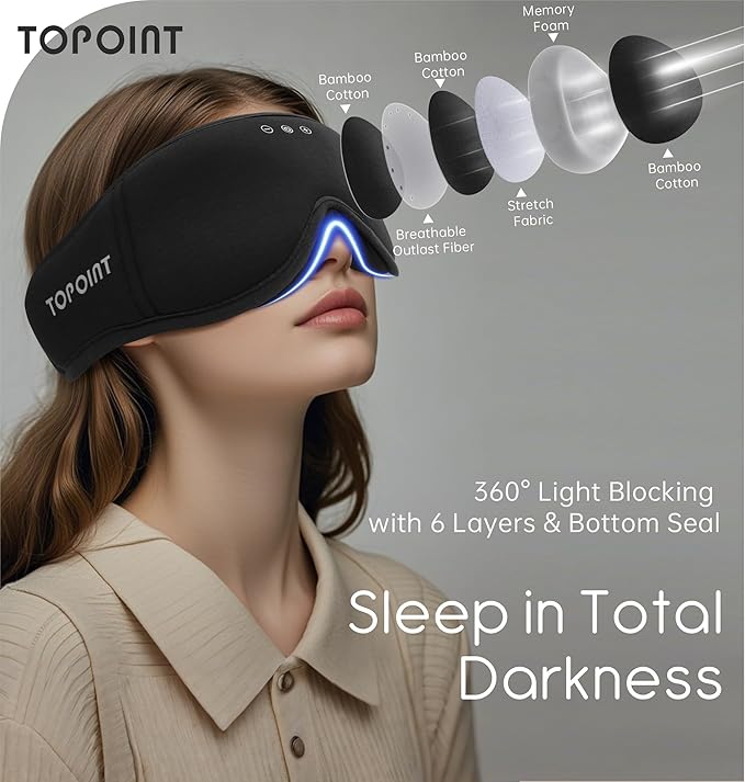 Sleep Mask with Headphones Bluetooth 5.4, TOPOINT 3D Eye Mask Blackout with Soft Bamboo Cotton for Side Sleepers Women Men, Sleep Headphones Earphones HD Speaker Microphone for Travel Meditation Gift