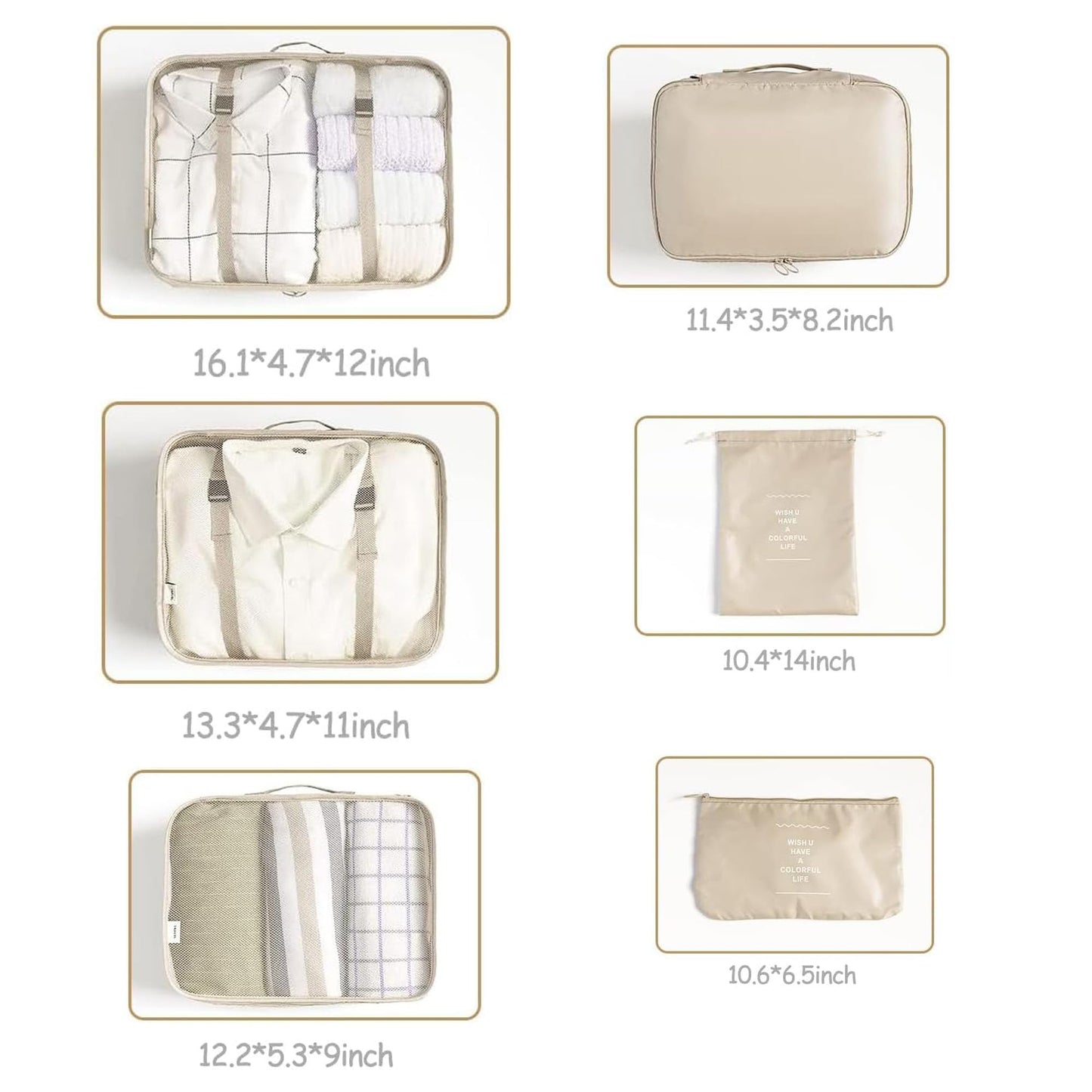 LANSKLBD 6 Set Packing Cubes for Travel, Luggage Organizers with Shoe & Toiletry Bags, Lightweight Suitcase Organizer for Carry-On, Washable Laundry Bags (Beige)
