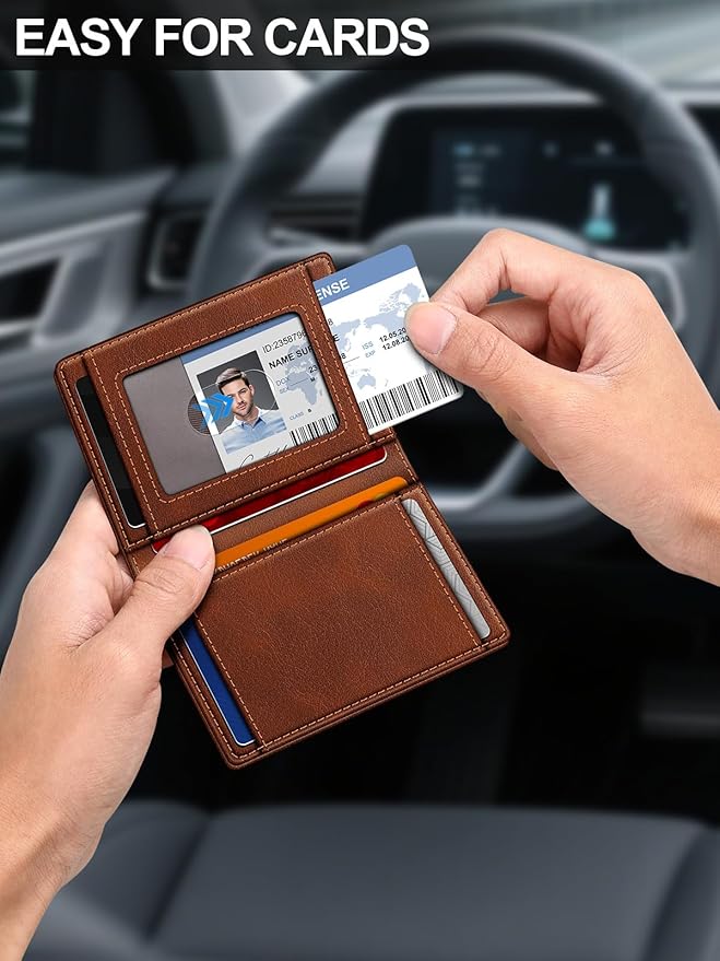 Wallet for Men Slim Leather Wallets for 9-13 Cards, RFID Blocking Thin Card Holder Wallet with ID Window & Stretchable Cash Slot, Minimalist Bifold Small Wallet for Front Pocket, Birthday Gift for Men