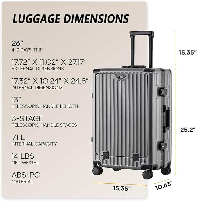 26 Inch Zipperless Checked Travel Luggage with Spinner Wheels,Aluminum Frame Hard Shell Front Pocket Suitcase with Compartment TSA Approved USB Port,Cup & Phone Holder for Women Men,Grey