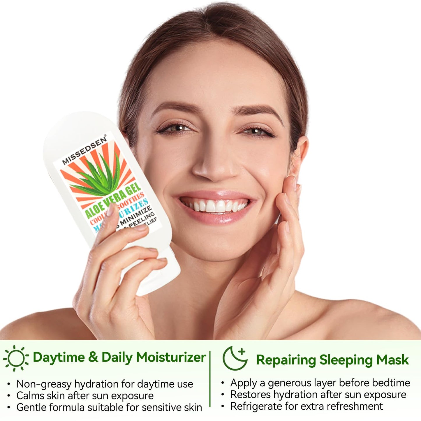 MISSEDSEN Pure & Organic Aloe Vera Gel for Sunburn Relief, After Sun Lotion for Face & Body Skin Care, Daily Facial Moisturizer & Acne Spot Treatment 7 OZ