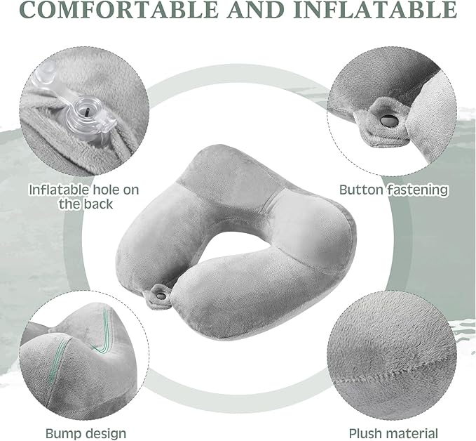 Sintuff 4 Sets Inflatable Travel Pillows for Airplanes with Compact Bag and Blindfold Velvet Inflatable Neck Pillow for Traveling Head Support U Shaped Flight, 12 x 12 x 5.5 Inch(Multi Color)