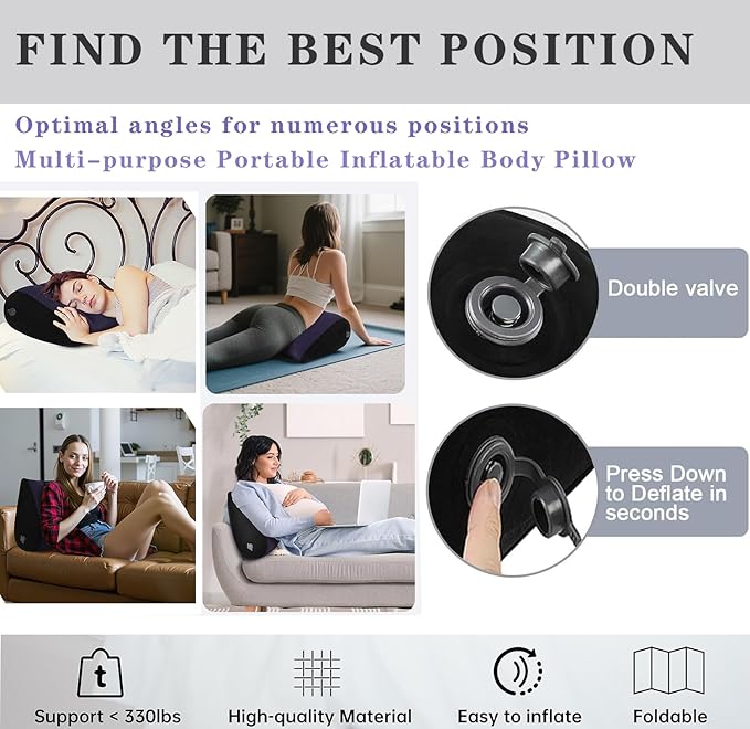 Portable Inflatable Wedge Pillow 2 Pack,Body Positioner for Sleep Support, Large 20in Adjustable Travel Pillow - Lightweight Bed/Leg Support Pillow, Fast Inflation, 2 Pack