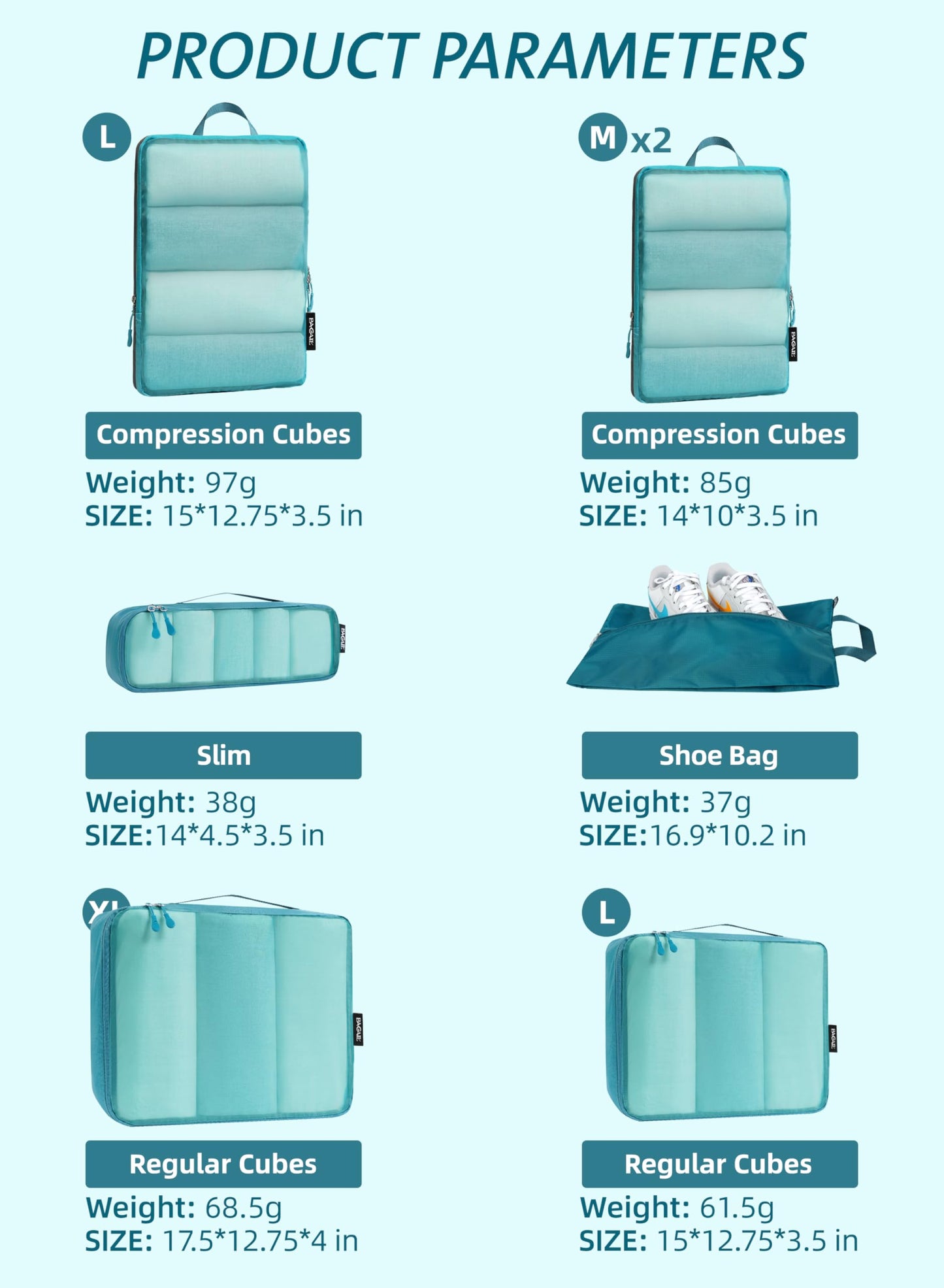 Bagail Ultralight Packing Cubes 7 Set, 3 Compression Packing Cubes 3 Packing Organizers With 1 Shoe Bag-Teal Mesh