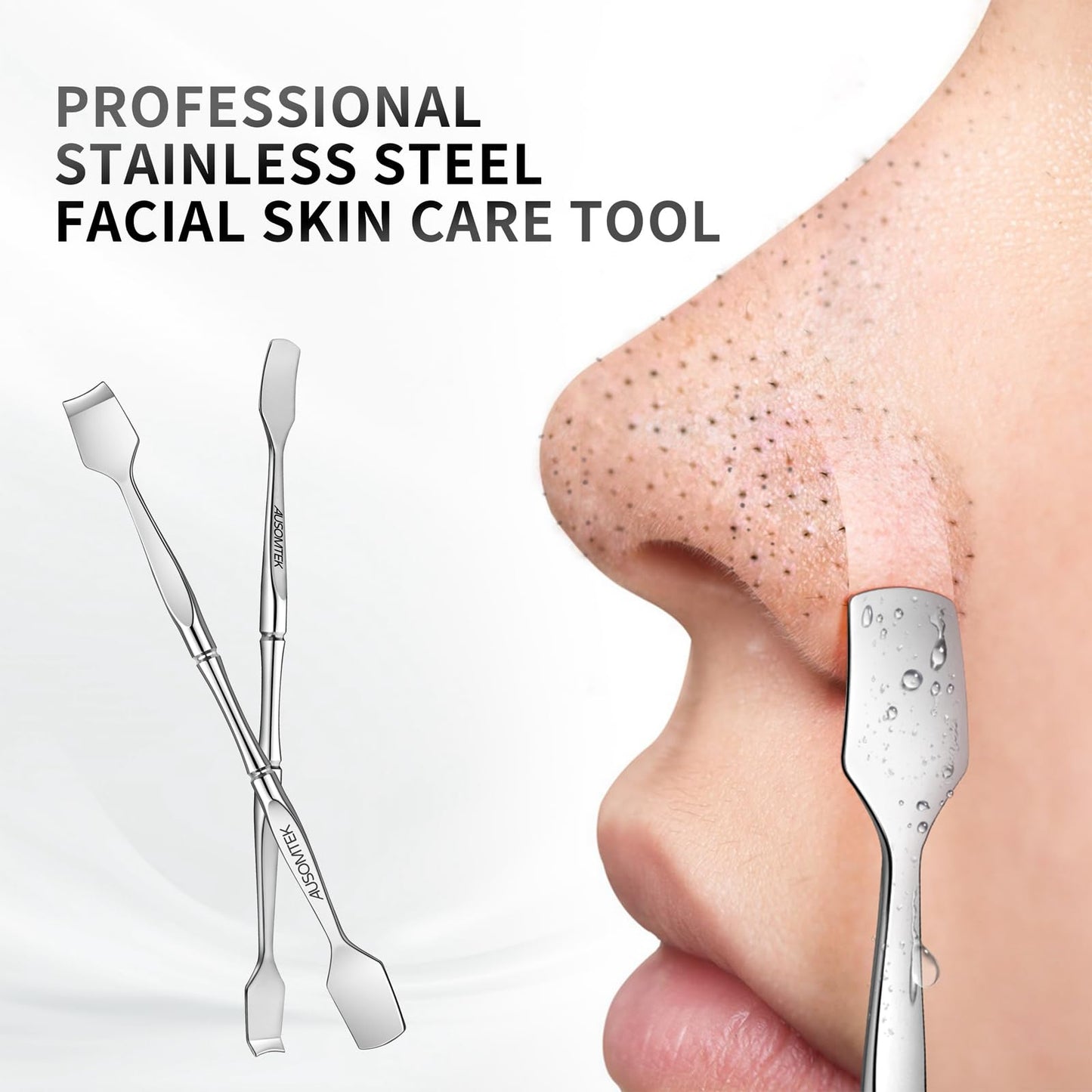 AUSOMTEK Blackhead Remover Tool, Pore Cleaner & Comedone Extractor Face Spatula, Professional Stainless Steel Whitehead & Pimple Extractor Tool for Facial Skin Care with Cyan PU Case