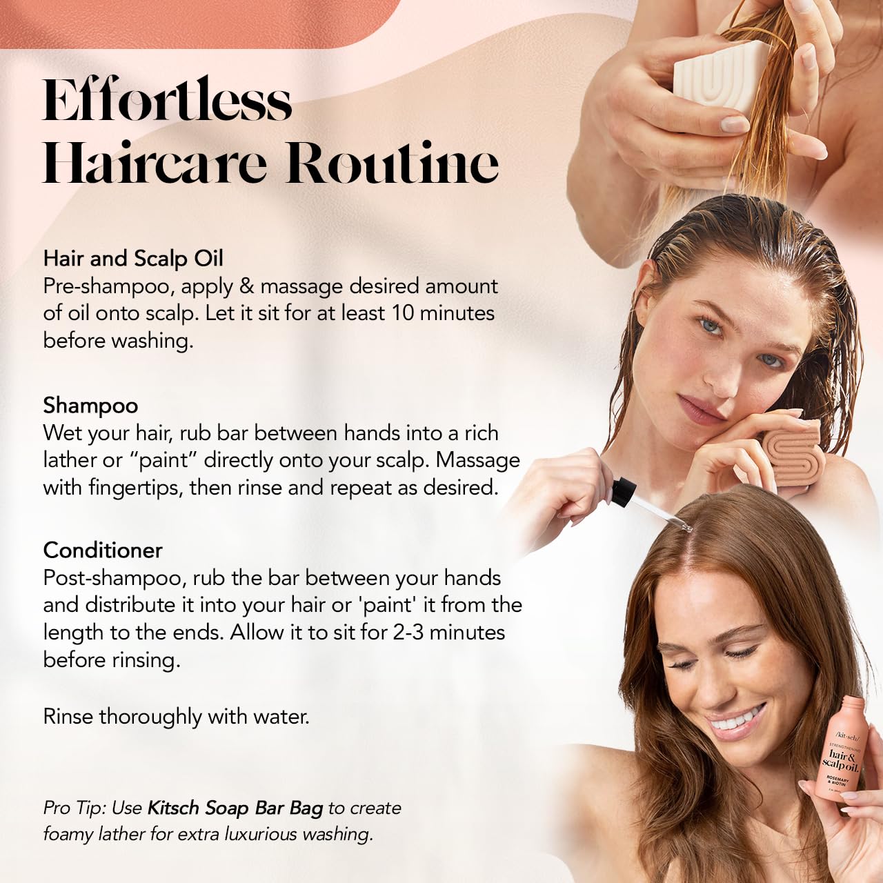 Kitsch Rice Water Shampoo and Conditioner Set + Pre-Wash Scalp Serum with Rosemary and Biotin – Shampoo and Conditioner Bar for Hair Growth & Scalp Nourishment – Hair Care Bundle – 3pc Set