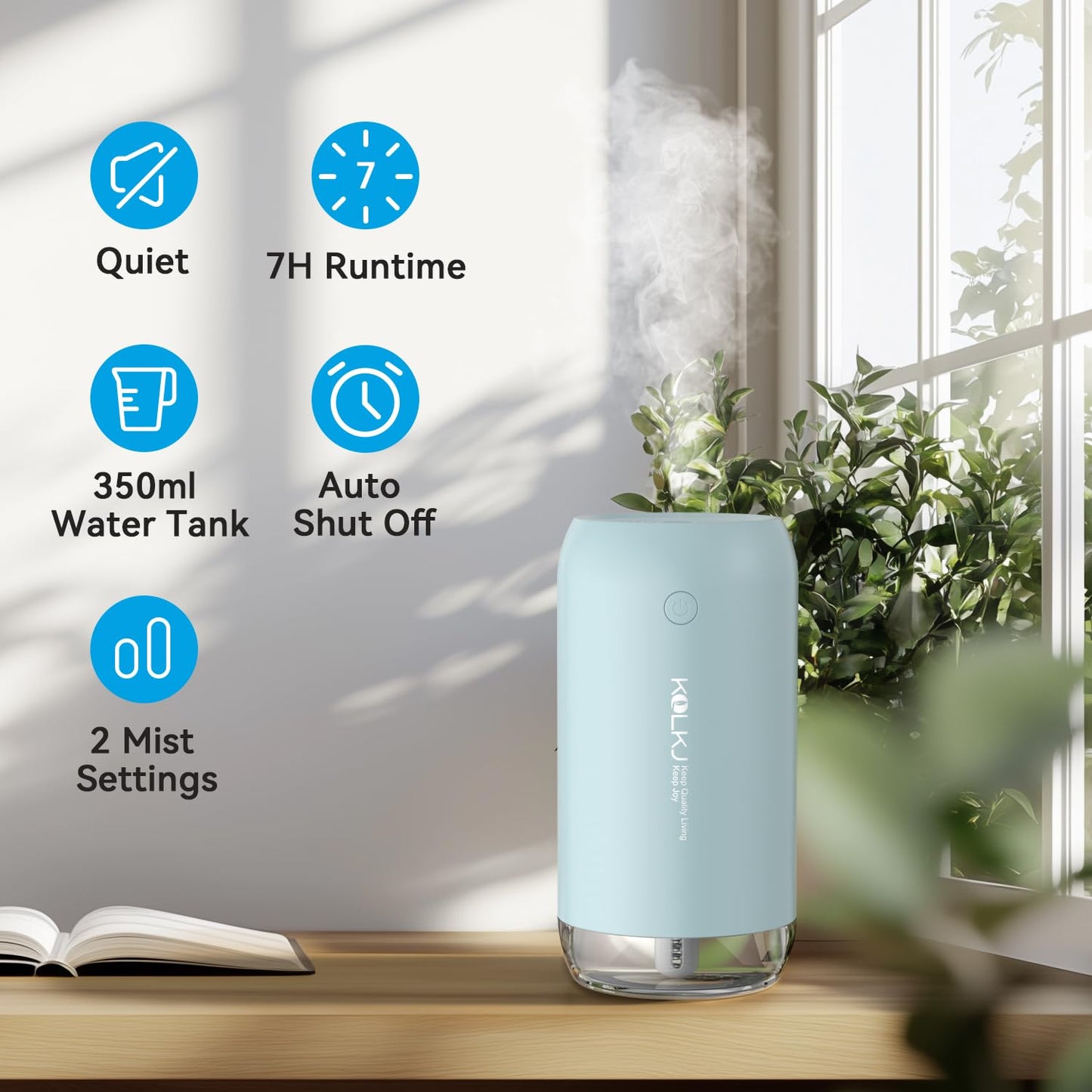 Portable Mini Humidifier, Small Personal Desktop Air Humidifier for Bedroom Home Plants Car indoor Office with 2 Mist Modes & Auto Shut-off（Blue）