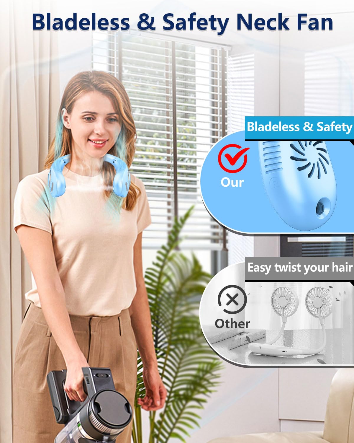 Neck Fans Portable Rechargeable,Neck Fans that Blow Cold Air,Personal Cooling Device Wearable,Mini Ventilador Portatil,Bladeless Hand Free Neck Fan USB Chargeable Hot Flash Presents for Women Men Blue