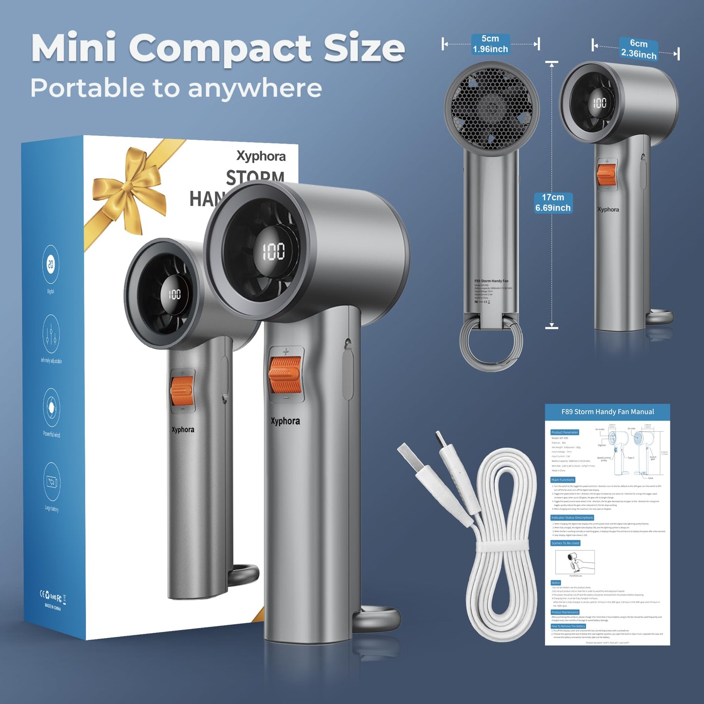 Portable Handheld Turbo Fan for Outdoor,5000mah Mini Handheld Personal Pocket Fan for Powerful Airflow Wind ,20Hrs,100 Speeds Adjustable,Digital Display,Gifts for Travel,Outdoor Activites,Camping-Grey