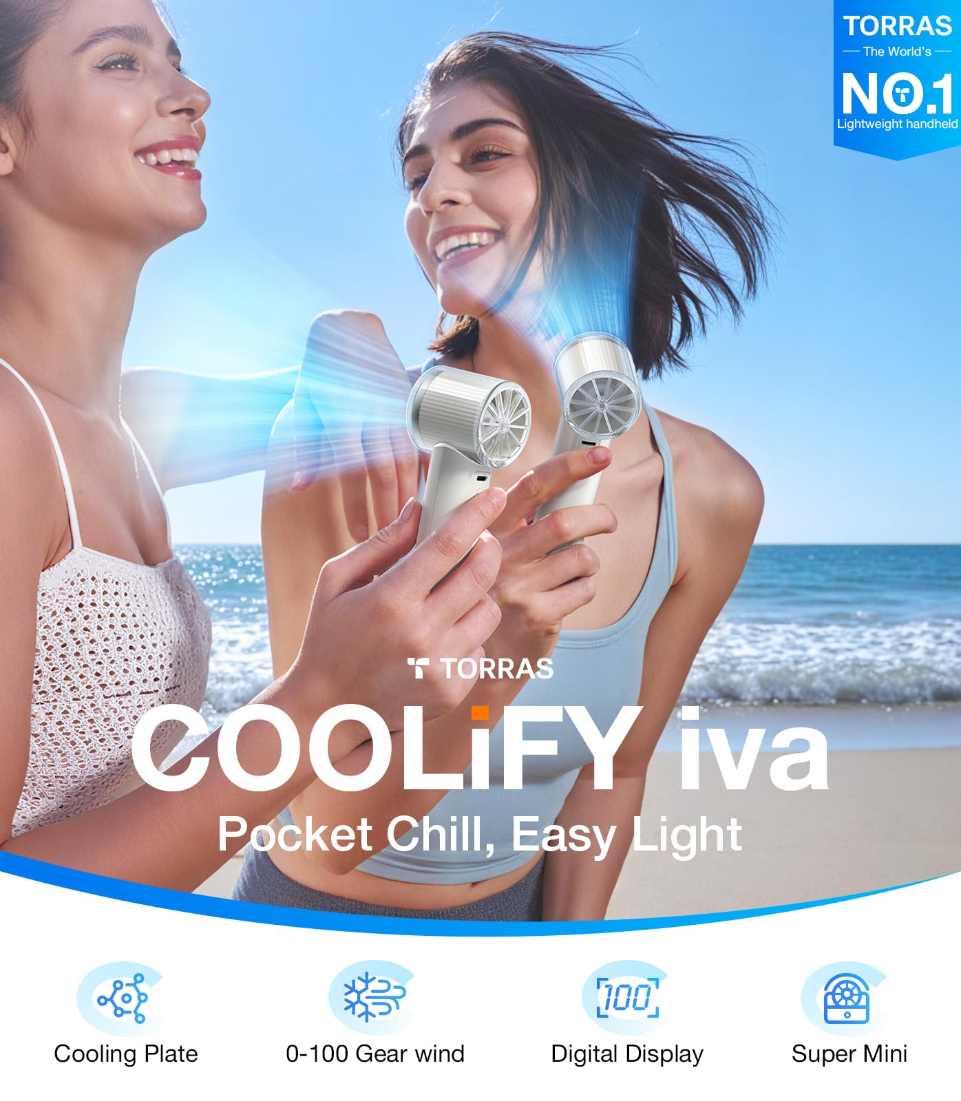 TORRAS COOLiFY iva Handheld Fan with Ice Cooler, [Chill by 50F], 0-100 Adjustable Speed, Super Mini Powerful Portable Fan 5000mAh Rechargeable, Hand Fans for Travel Essentials, Gifts for Women, Ivory