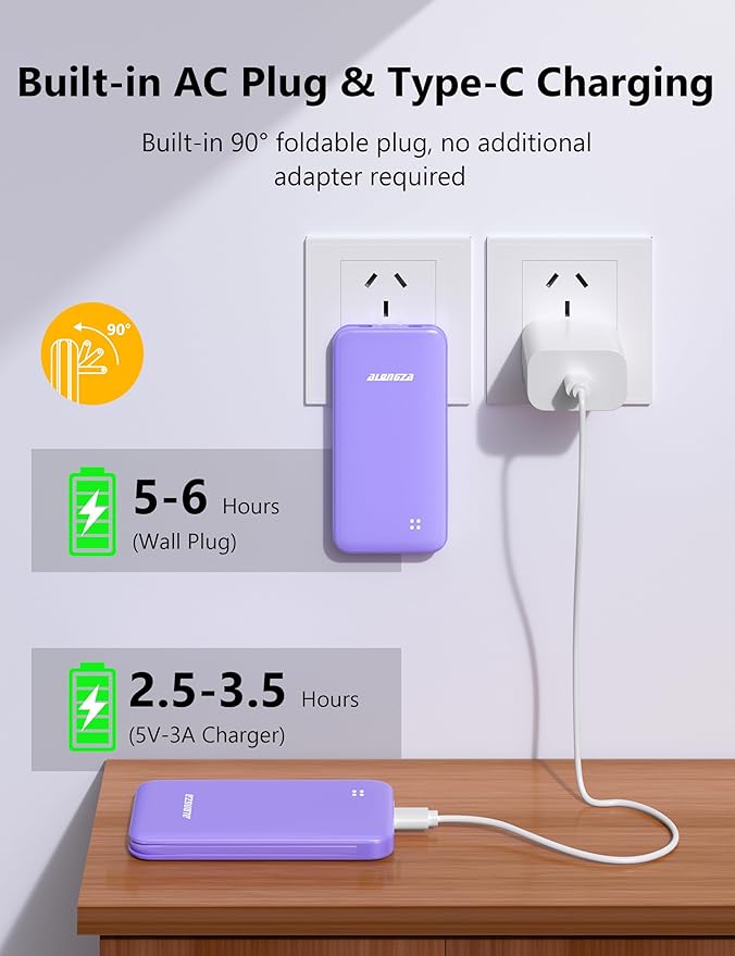 Alongza Portable Charger Built-in Cables and AC Wall Plug, Slim Fast Charging Power Bank 10000mAh, Lightweight USB C External Battery Pack Compact Travel Cell Phone Charger