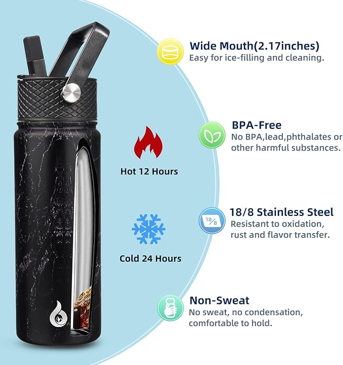 BJPKPK Insulated Water Bottles with Straw Lid, 22oz Cold & Hot Thermo, Stainless Steel Metal Water Bottle with 3 Lids, Reusable Thermo, Cups, Mugs for Daily Use-Midnight