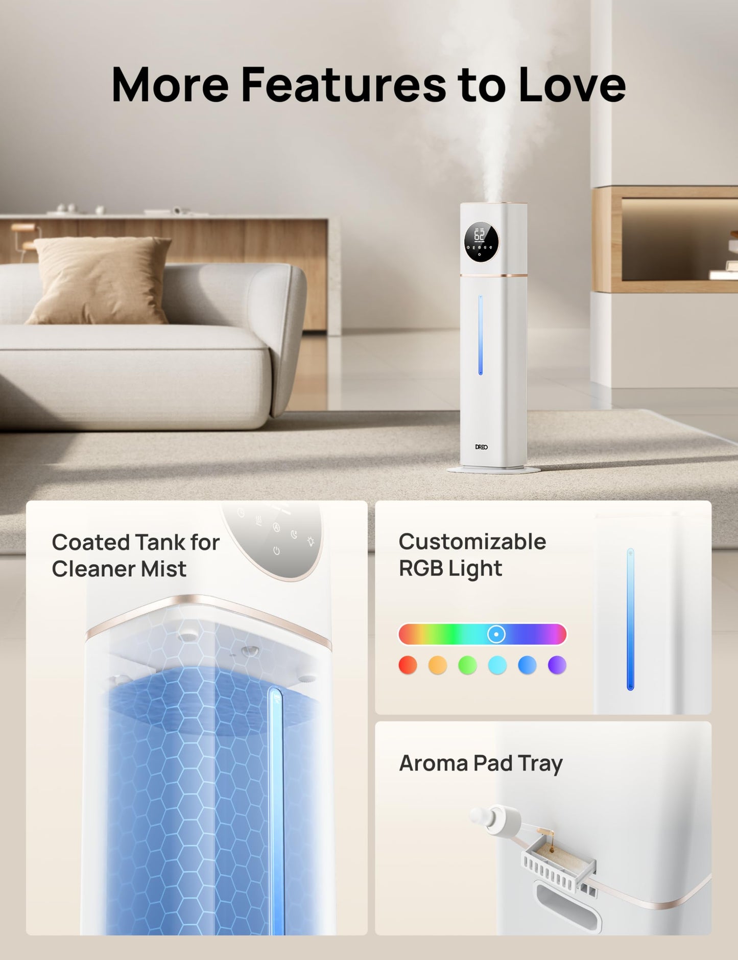 Dreo HM735S 11L Smart Humidifier Large Room 700 ft², 100H Cool Mist Air Humidifiers for Bedroom, Top-Fill Self-Cleaning Tank, 26dB, Auto Mode, Aroma Box, RGB Light, Remote & APP Control, Baby, White