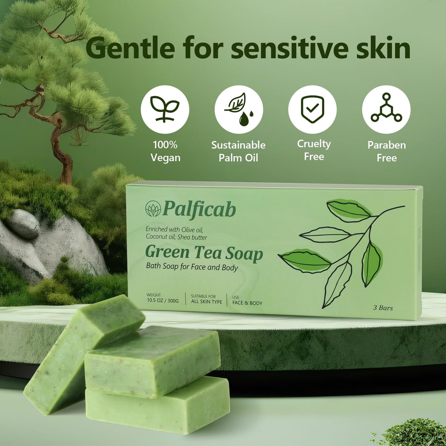PALFICAB Green Tea Soap, Moisturizing Bath Soap Bars, Cruelty-Free, Gentle Exfoliating for Hydrating & Nourishing Skin with Green Tea Leaves, Coconut Oil, Shea Butter, Gifts for Women Men, 3 Bars
