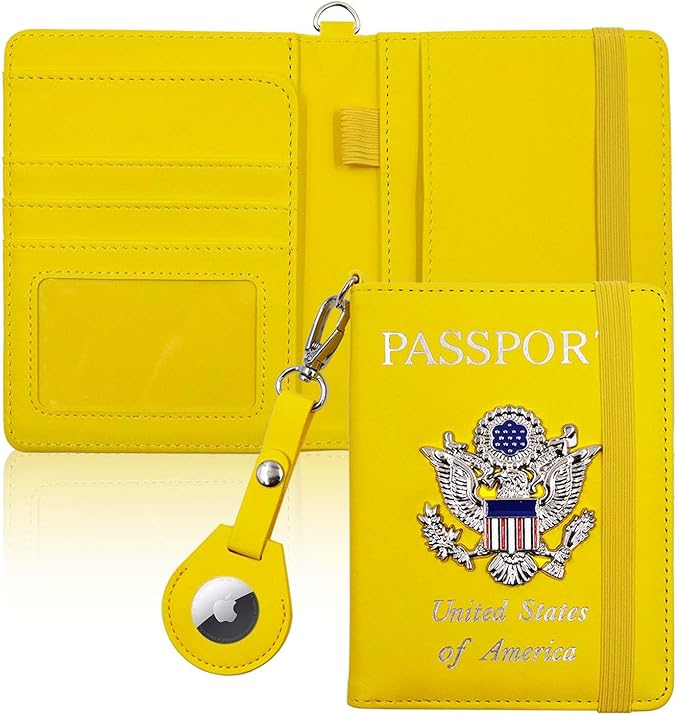 Cnycmy Passport Holder with Airtag slot,Passport-Wallet-Holder for Women,for Family, Rfid Passport Book Card Slot Waterproof, passport holder for travel (yellow1)