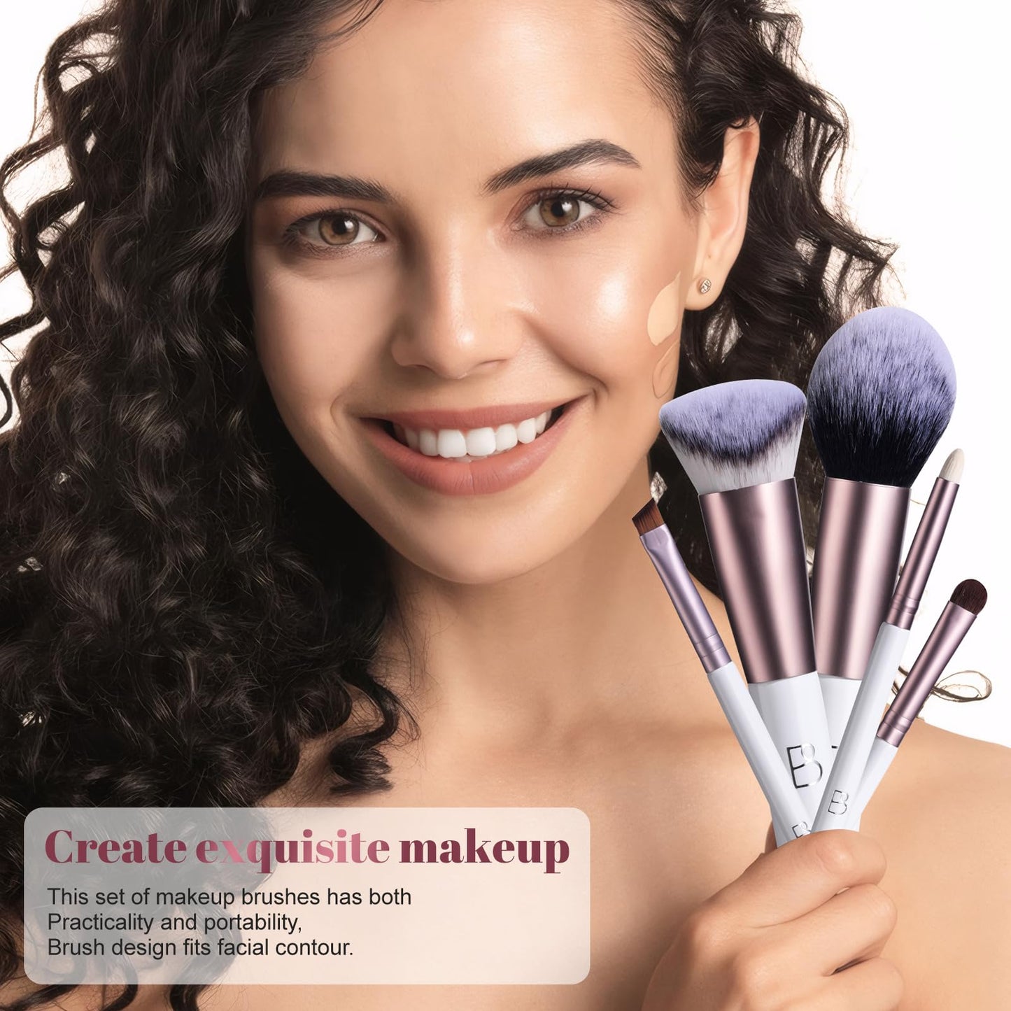 BS-MALL Travel Makeup Brushes Kabuki Premium Synthetic Foundation Powder Concealers Short Handle But Full Size 7 PCS with Triangle Puff & Storage Bag (Rose Pink)