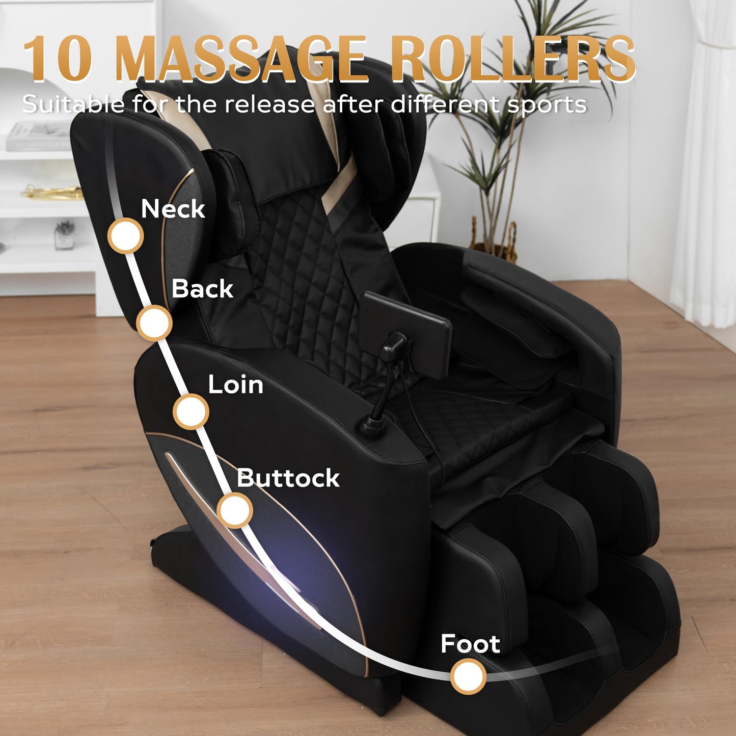 KEIKI Zero Gravity Massage Chair Recliner with 10 Massage Rollers, Full Body Air Pressure Therapy, Heated Lumbar & Leg, Foot & Calf Massage, Bluetooth Audio, Adjustable Intensity, PU Leather, Black