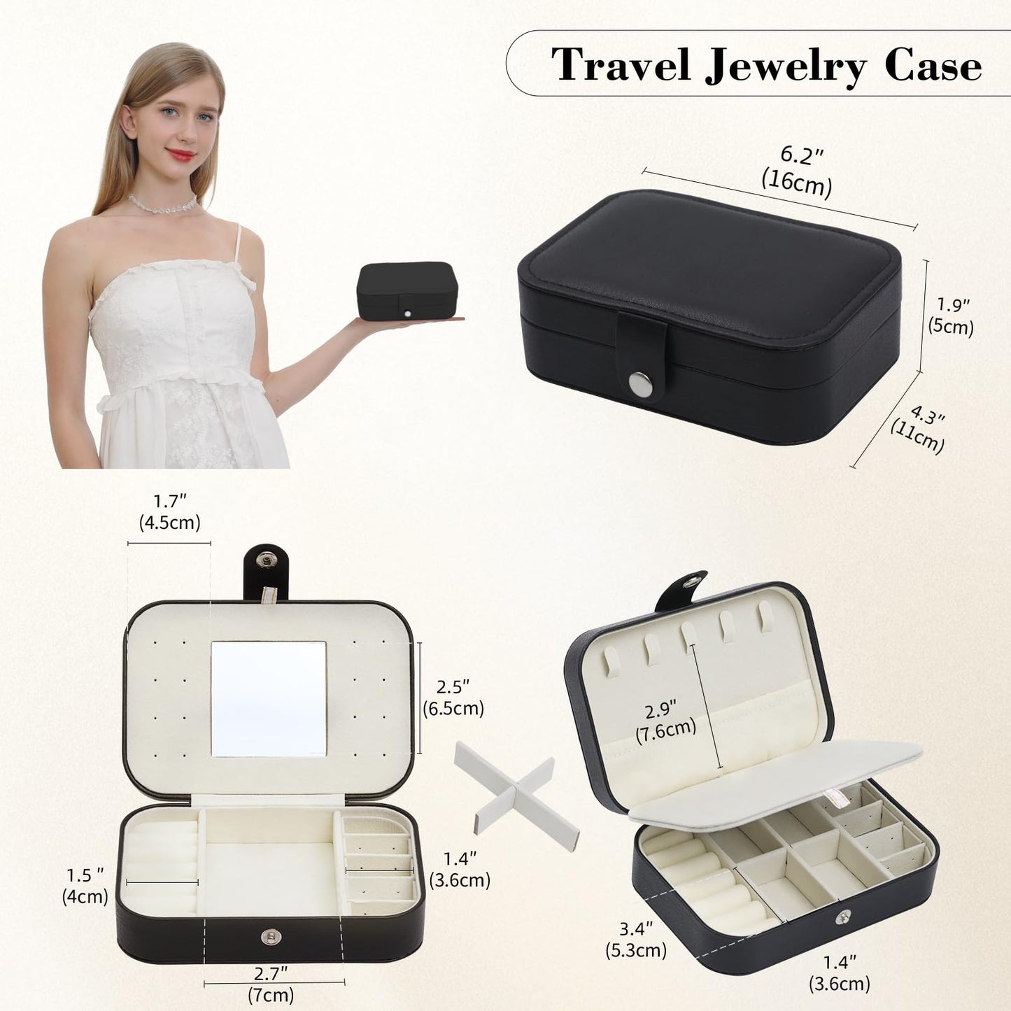 Travel Jewelry Case with Mirror, Small Jewelry Box for Women, Portable Jewelry Organizer Travel, Black Travel Jewelry Case Organizer for Necklaces, Earrings, Bracelets, Lover Gift for Men Women
