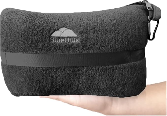 BlueHills Travel Blanket Pillow in Mini Soft Packable Case Premium Plush Airplane Blanket in Portable Compact Pack with Luggage Belt and Carabiner Long Flight Throw Essentials Lightweight- Black M05