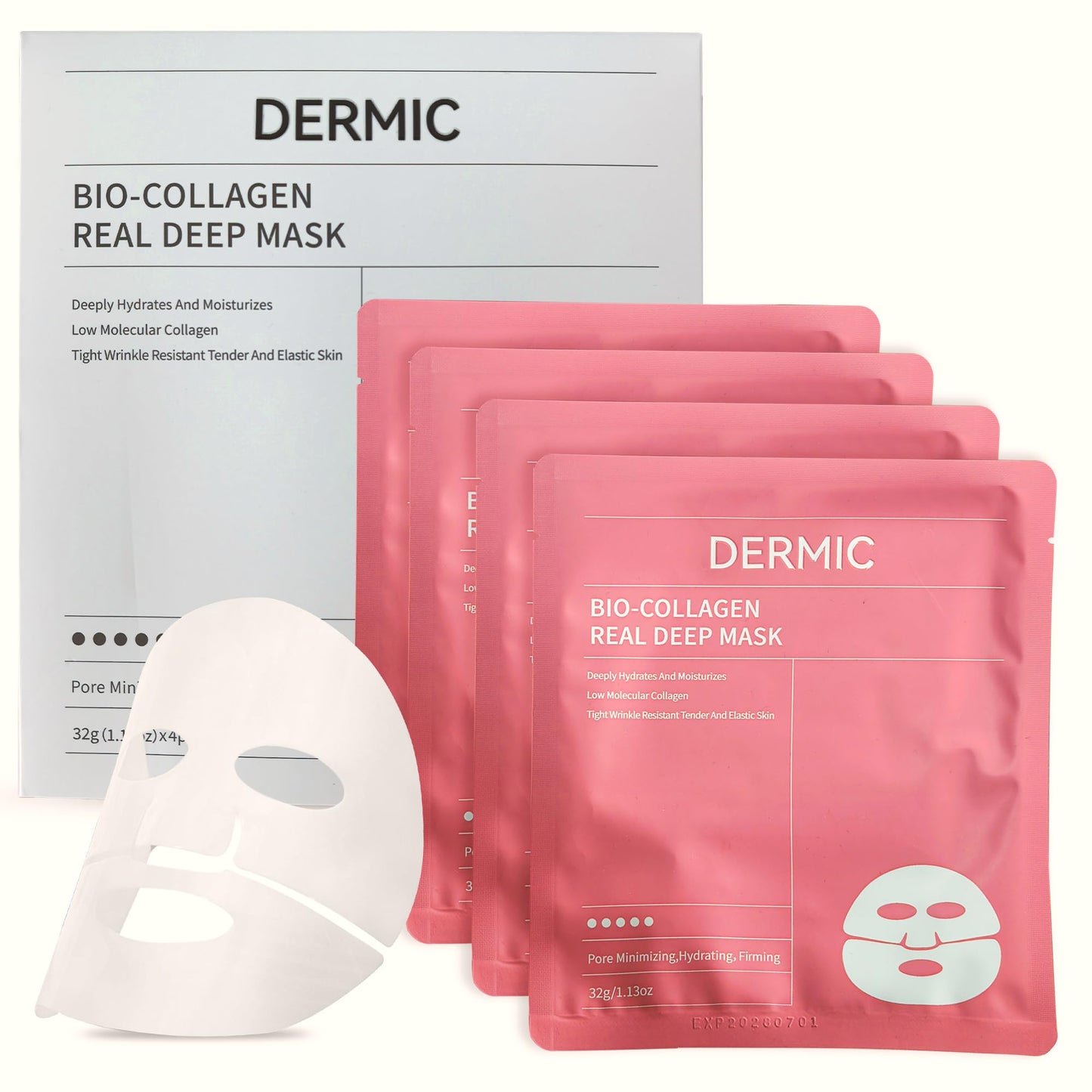 DERMIC Bio-Collagen Face Mask – Hydrating & Firming Korean Sheet Mask with Hyaluronic Acid, Anti-Aging Overnight Skincare, Pore Minimizing & Moisturizing Treatment, 32g, 4 Pack