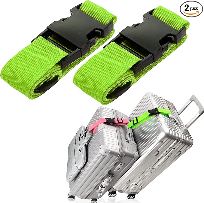 2Pack Add Bag Luggag Straps for Carry On Bag, Adjustable Suitcase Belt Add Bag Travel Attachment Accessories for Connect Your 3 Luggages, Green