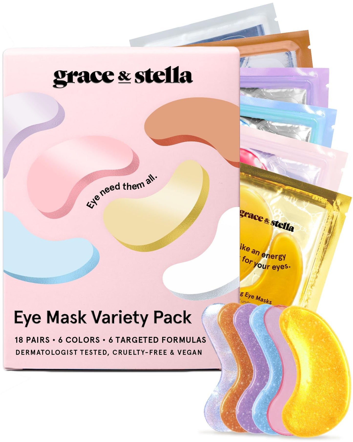 grace & stella Under Eye Mask Variety Pack - 18 Pairs of Under Eye Patches for Dark Circles - With 6 Colors (3 Pairs/Color) - Gel Masks Puffy Eyes for Women - Vegan Cruelty Free Bridesmaid Gifts
