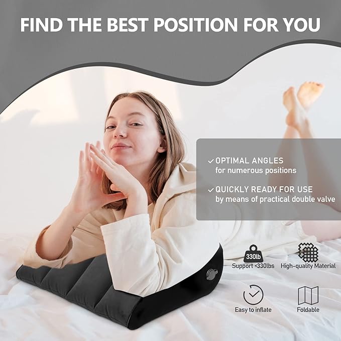 Inflatable Bed Wedge Pillow for Traveling – Portable Inflatable Cushion for Sleeping in Bed, Leg Elevation & Back Support, Quick Inflate Camping Pillow, Home & Airplane Use (Black)