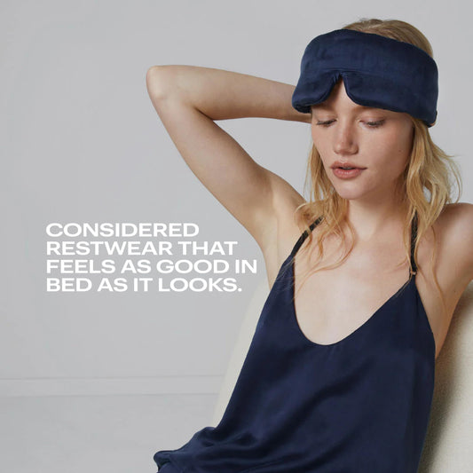 Lunya Weighted Silk Sleep Mask – Mulberry Silk Eye Cover with Cooling Glass Beads, Noise-Reducing Fit, Washable Fabric, and Travel Pouch – Sleeping Mask for Men and Women - Deep Blue - Small