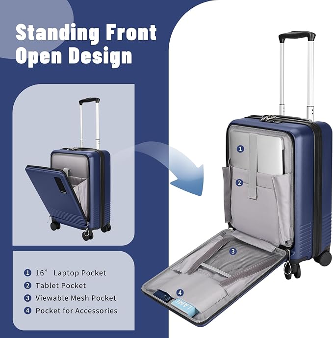 2 Piece Luggage Sets with Spinner Wheels Front Open Pocket, ABS+PC Suitcase with TSA Lock & YKK Zipper, Carry On 20/24 inch Medium +Toiletry Bag+Handbag, Deep Dark Navy Blue