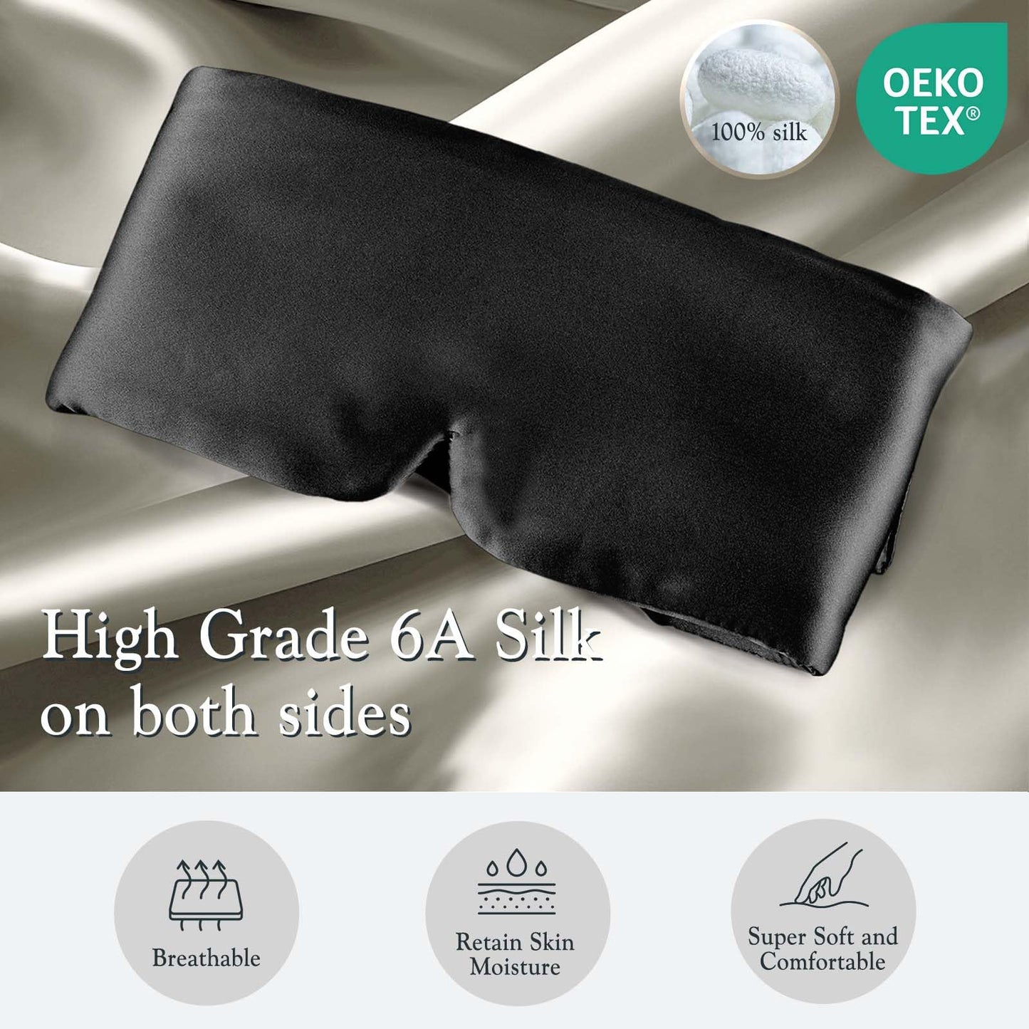 SOLZEK Nature Silk Sleeping Mask Soft Featherweight Eye Mask Large Wrap-Around Blindfold with Adjustable Velcro Blackout for Wild Sleeper Nose Cut (Black)