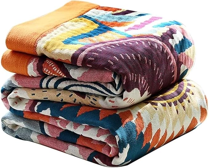Boho Throw Blanket Queen Size for Bed Couch,100% Cotton Soft Cozy Blankets 80"x90" Muslin Blanket Bed Bedspread Fall Throw Blanket for Home Decor Picnic Sofa Chair Blankets for All Season