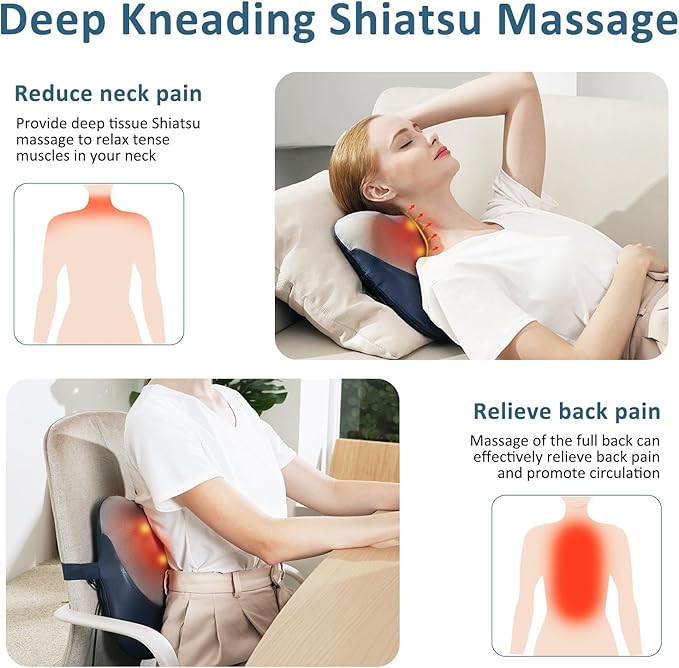 MOUNTRAX Shiatsu Back Massager with Heat, Gifts for Women Men, Back Massager for Pain Relief Deep Tissue, 3D Kneading Massage Pillow for Back