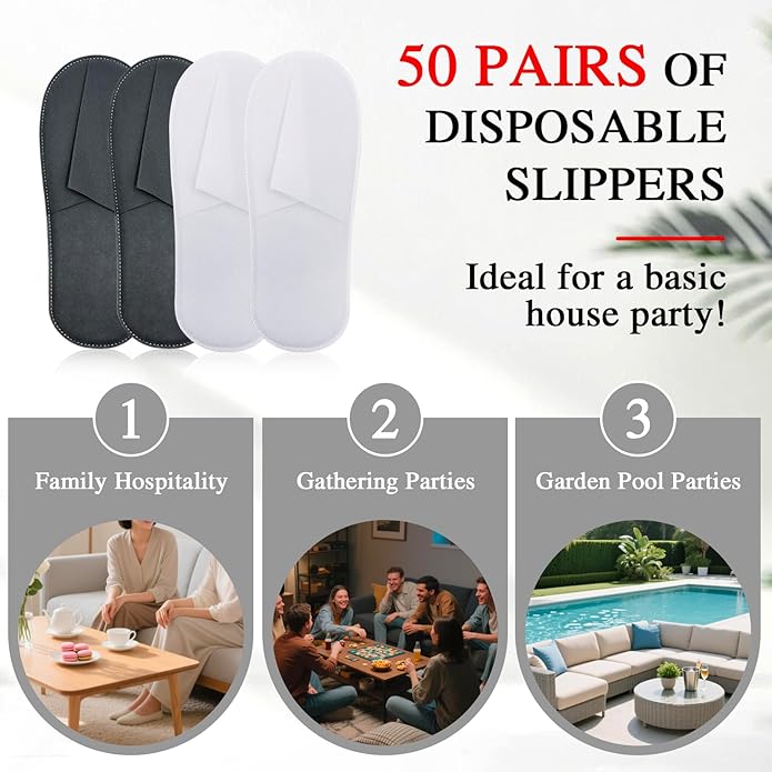 50 Pairs Disposable Slippers Bulk – 25 White & 25 Gray Disposable Slipper for Guests, Hotel Spa Guest Slippers Closed‑Toe for Travel Home