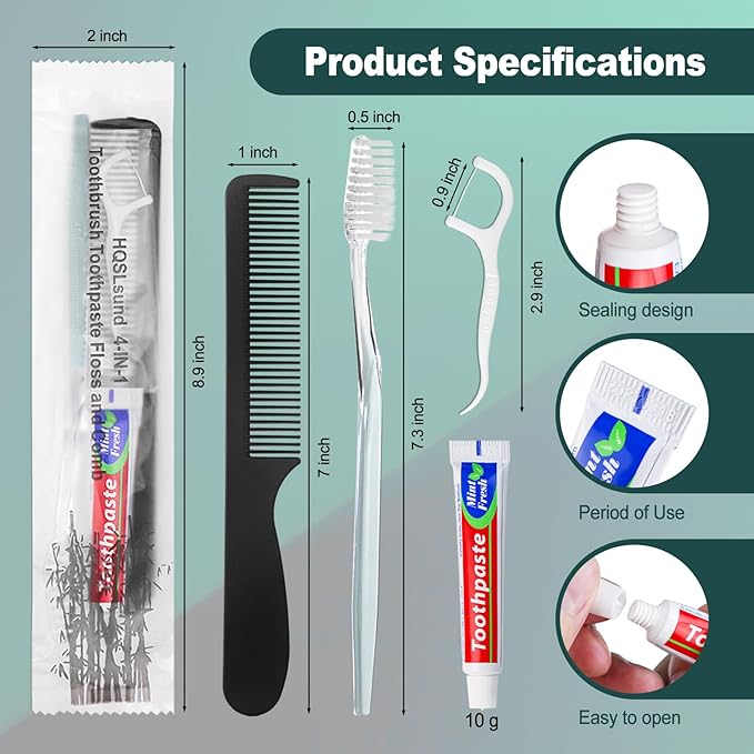 100pcs Disposable Toothbrushes with Toothpaste Floss Comb Individually Wrapped, 4-in-1 Bulk Toothbrush Kit with 2 Color Toothbrush,10g Toothpaste,7 inch Comb, Floss Pick