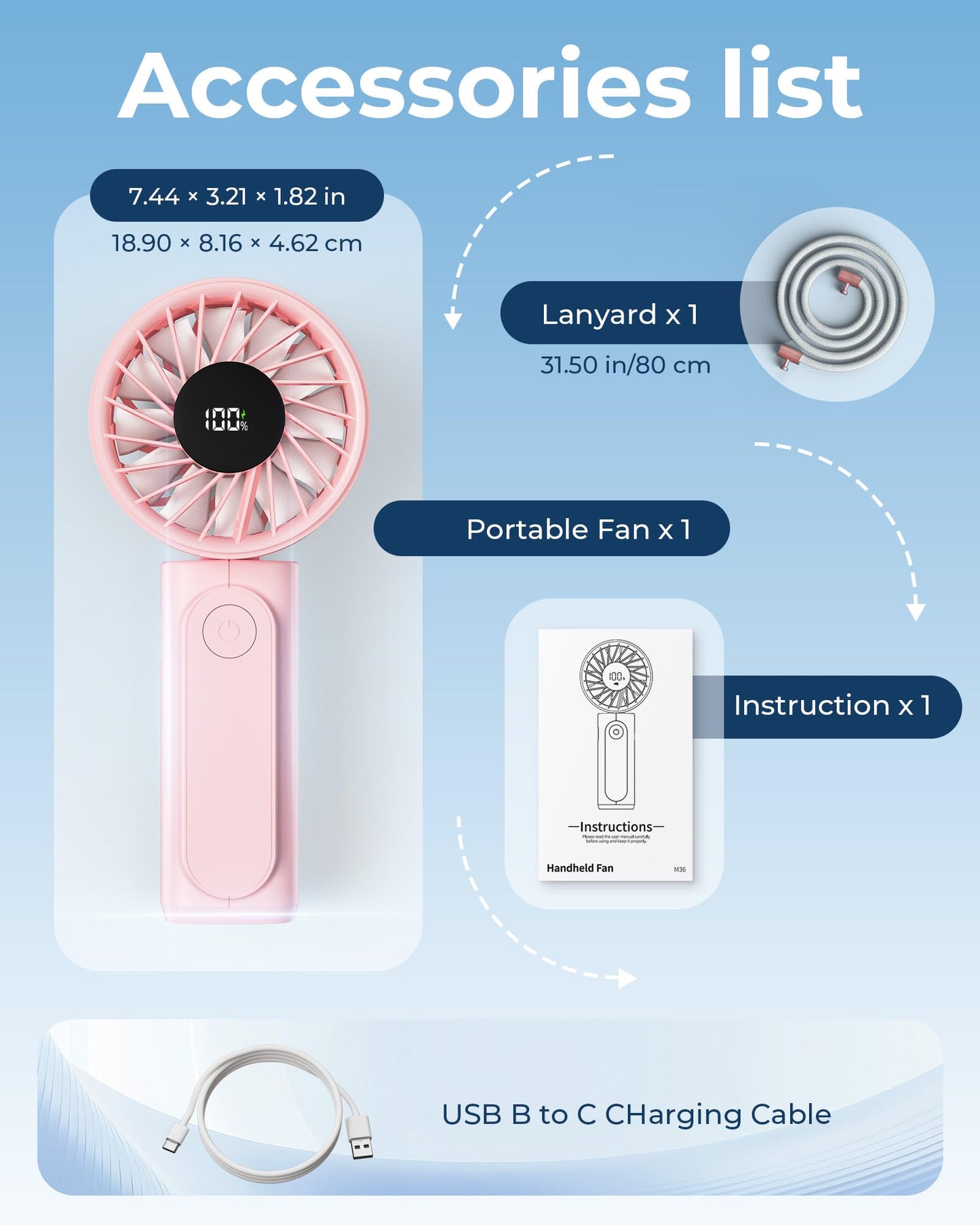 Handheld Portable Fan, 4000mAh USB Rechargeable Personal Fan, 180° Foldable Mini Desk Fan with 6 Wind Speed, LCD Digital Display, Lanyard as Neck Fan, Ultra Quiet