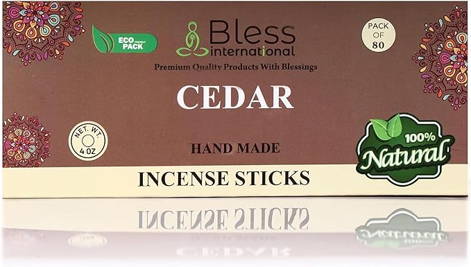 Bless-Cedar 100%-Natural-Handmade-Hand-Dipped-Incense-Sticks Organic-Chemicals-Charcoal-Free Purification-Relaxation-Positivity-Yoga-Meditation Best-Woods-Scent (80 Sticks (4.20 OZ))