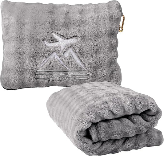 Travel Blanket and Pillow-2-in-1, Ultra-Soft&Compact, One-Piece Airplane Blanket with Hand Luggage Belt and Backpack Clip,Travelers Accessories Gifts, 61x43 Inches (Gray)