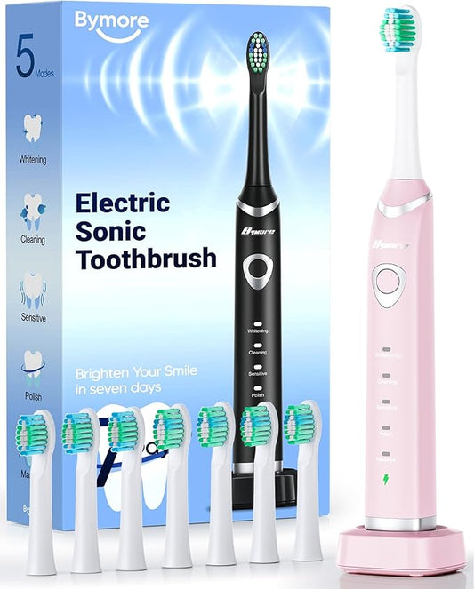Bymore Electric Toothbrush for Adults,Travel Sonic Toothbrush with 8 Replacement Heads, Ultra Clean RechargeableToothbrush Portable One Charge for 330days 5 Modes 2mins Timer-Light Pink