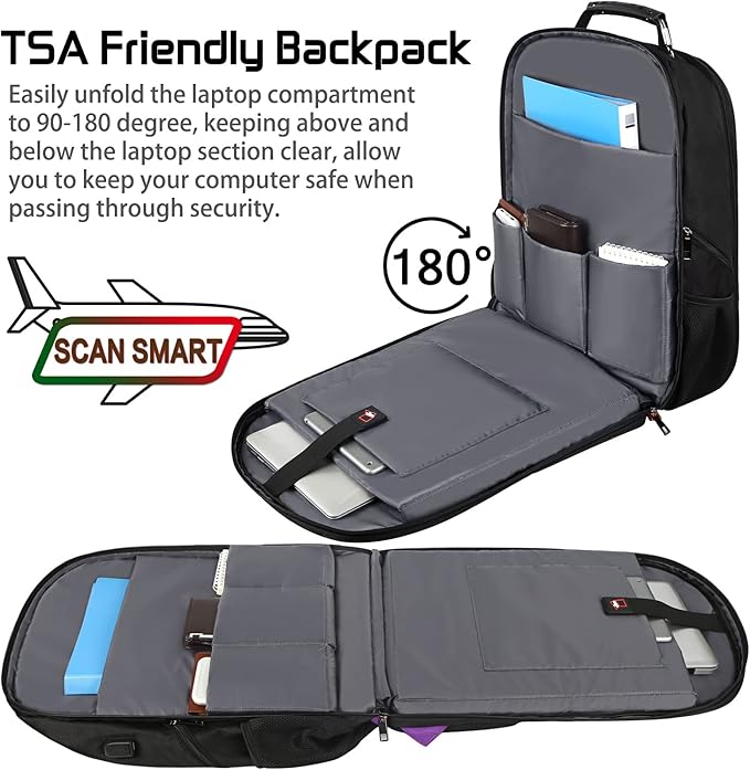 18.4 inch Travel Backpack Men Women, 55-60L Extra Large Laptop Backpack RFID Anti Theft TSA Friendly Flight Approved Backpacks, Water Resistant College School Heavy Duty With USB Charging Port, Purple