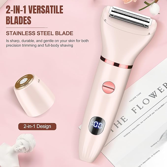 Karrte 2-in-1 Women Electric Shaver Dual Head Bikini Trimmer, Razors for Shaving Pubic Hair, Wet and Dry Cordless Painless Hair Removal for Private Area Pink