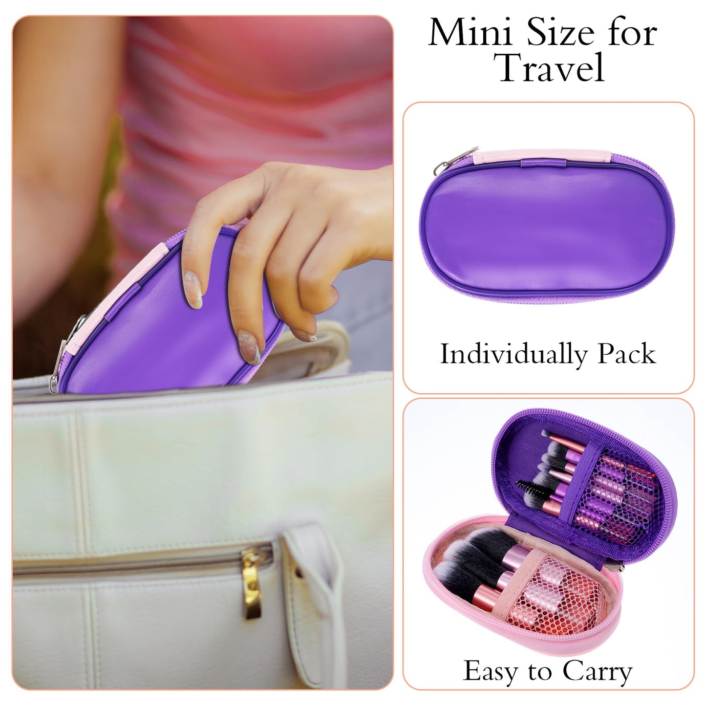 AOZUO Travel Makeup Brush Set, Portable Mini Cosmetic Brushes with Case Full Complete Function Makeup Brushes Kit with Pouch Foundation Eyebrow Blending Concealer Blush Eyeshadow Contour Pow(Pink)