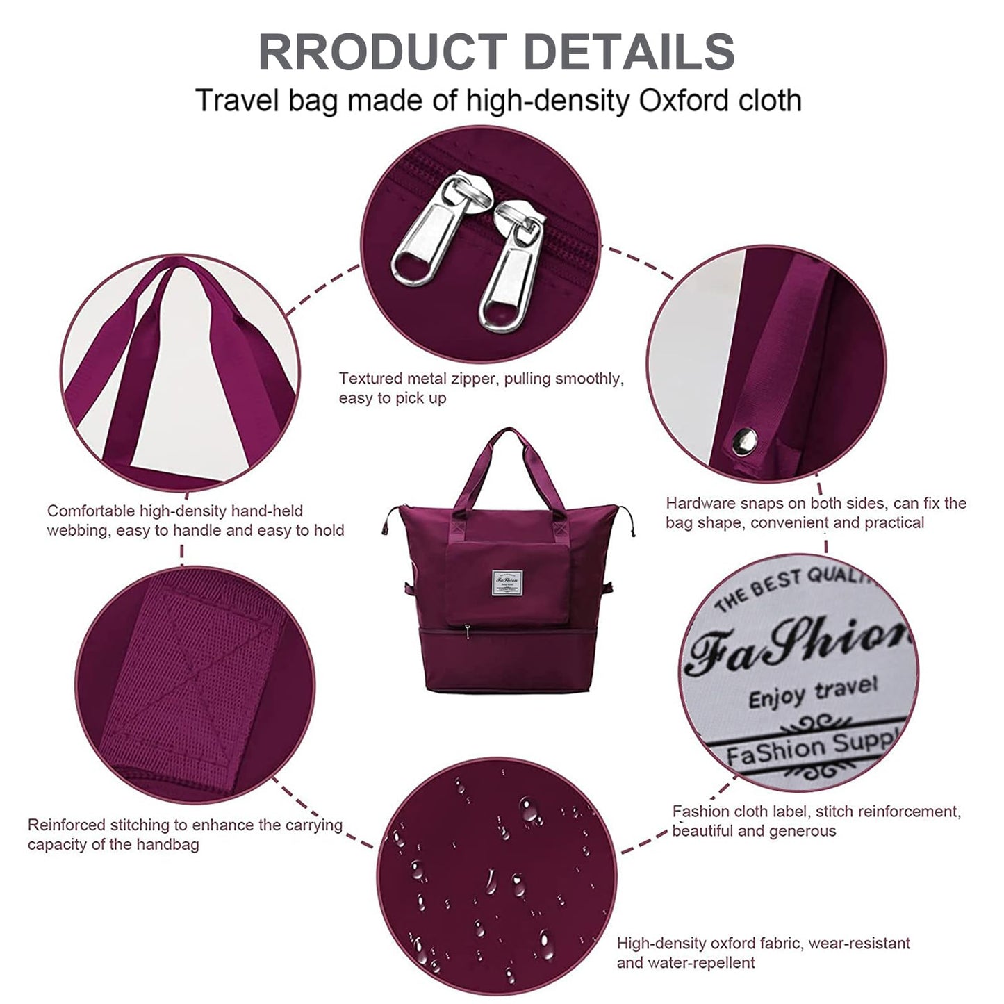 Large Capacity Folding Travel Bag, Lightweight Waterproof Luggage Bag, Expandable Travel Duffel Bag, Dry Wet Separated Gym Tote Bag, Weekender Overnight Bags for Women and Man (Fuchsia)