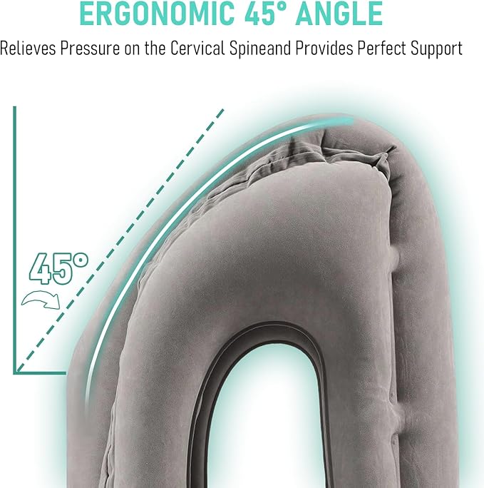 Inflatable Travel Pillow for Airplanes, Airplane Pillow for Supports Neck, Used for Planes, Trains, Cars, Includes Storage Bag, Eye Mask & Earplugs (Grey)