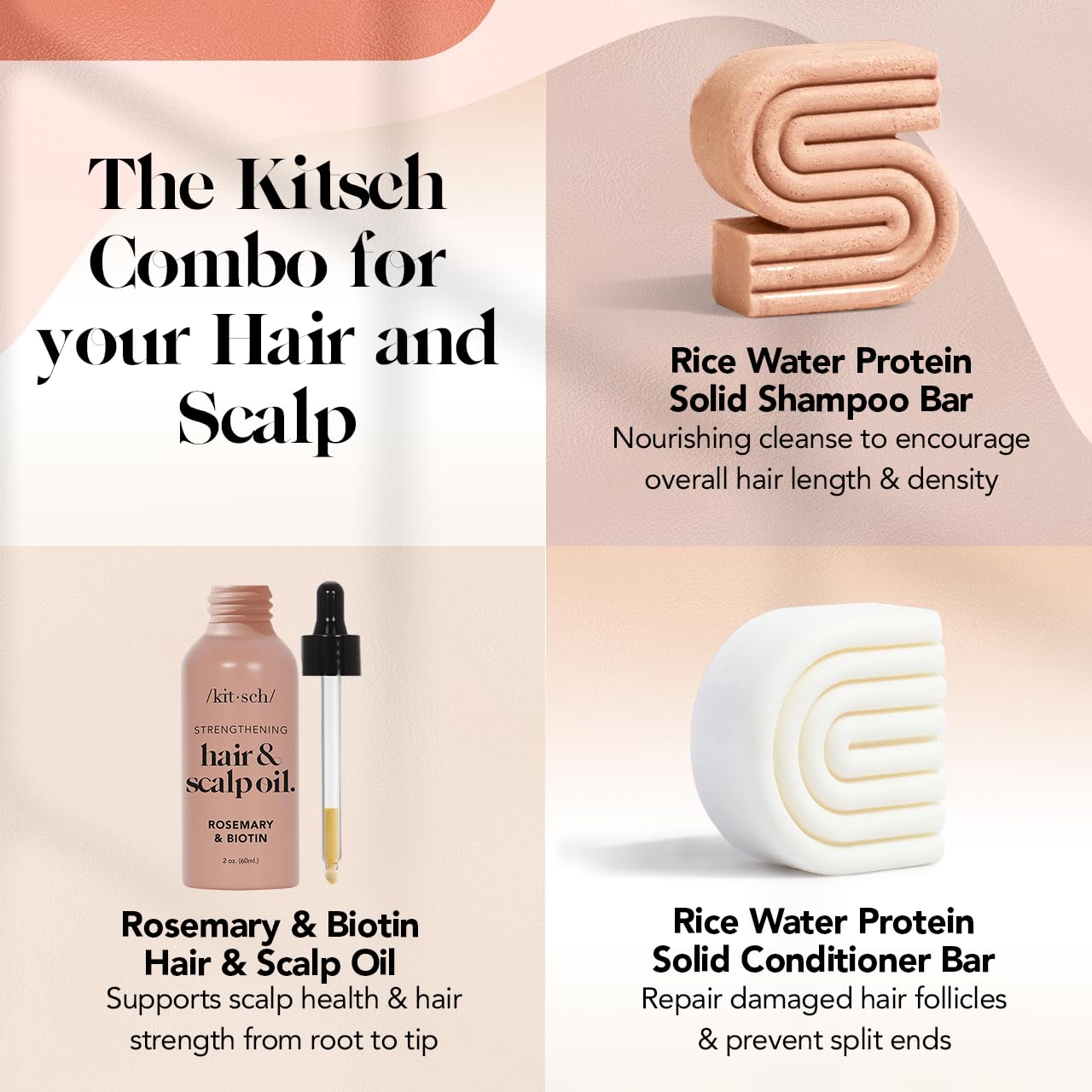 Kitsch Rice Water Shampoo and Conditioner Set + Pre-Wash Scalp Serum with Rosemary and Biotin – Shampoo and Conditioner Bar for Hair Growth & Scalp Nourishment – Hair Care Bundle – 3pc Set
