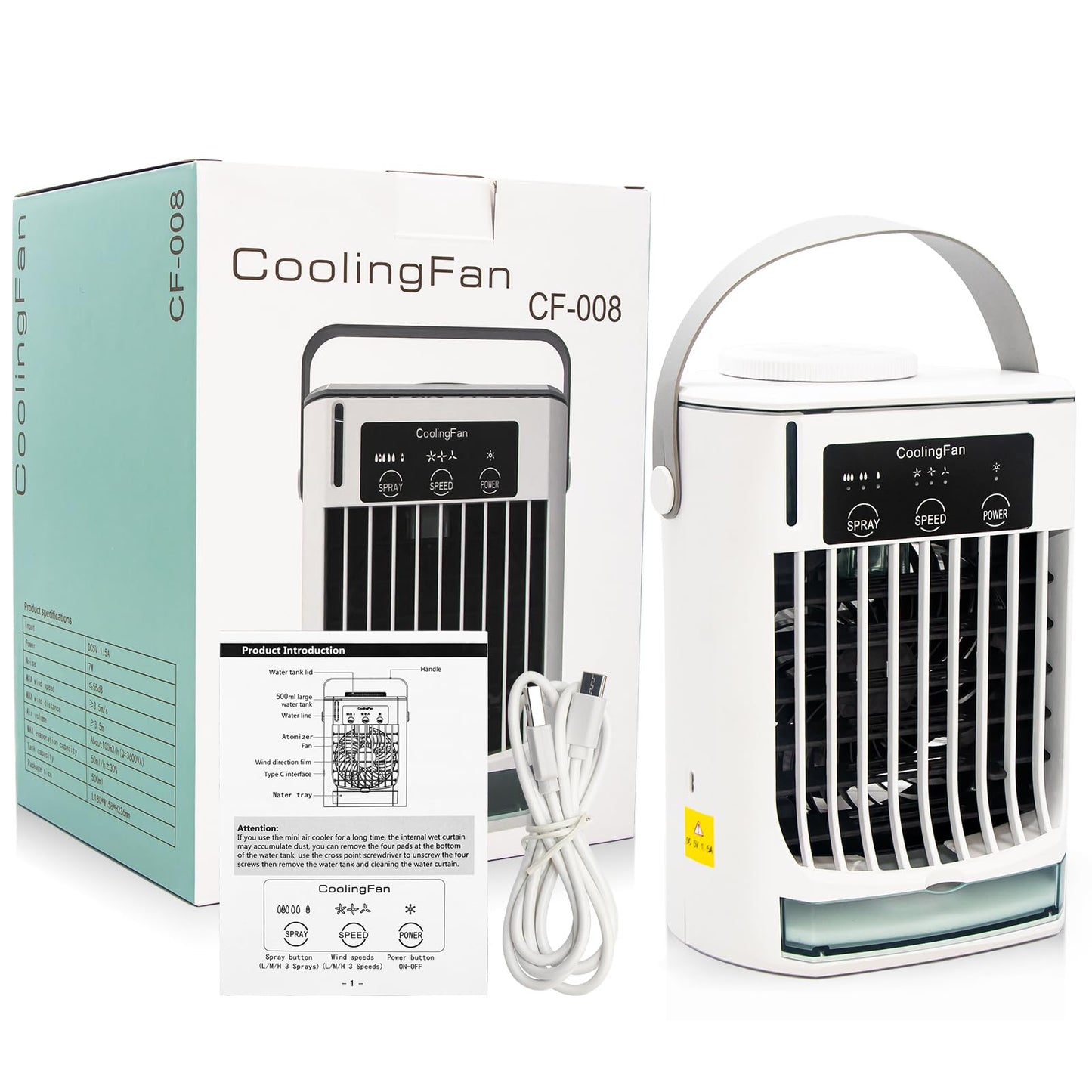 EnjoyCool Portable Air Conditioner, Evaporative Air Cooler, 3-IN-1 Personal Air Conditioner Cooling Fan with 3 Cool Air Spray, 3 Wind Speed, Small Desktop Humidifier Fan for Room Camping Car Office