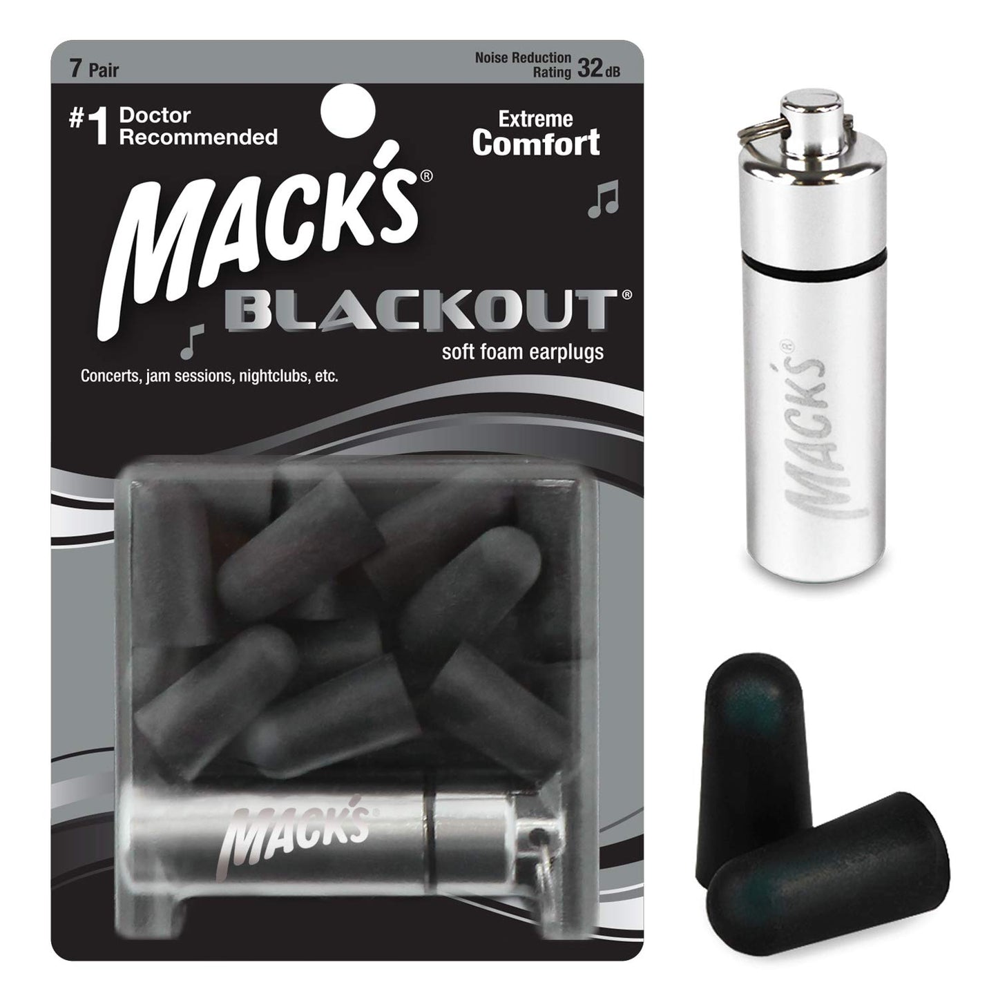 Mack's Blackout Soft Foam Earplugs, 7 Pair with Travel Case - 32 dB Highest NRR, Comfortable Ear Plugs for Concerts, Jam Sessions, Nightclubs, Loud Events and Shooting Sports