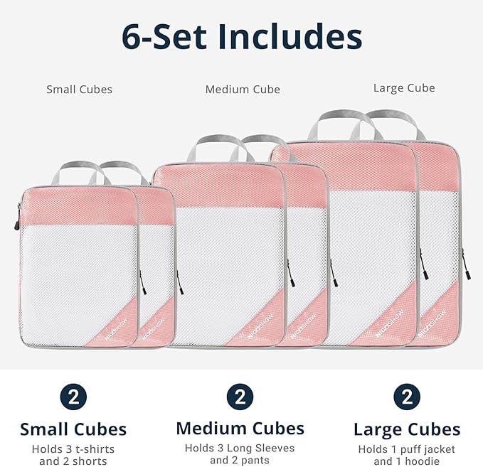Compression Packing Cubes 6 Set, Compressible Space-Saving Packing Cubes for Travel - Compression Bags, Luggage Organizer, Travel Essentials for Women, Pink