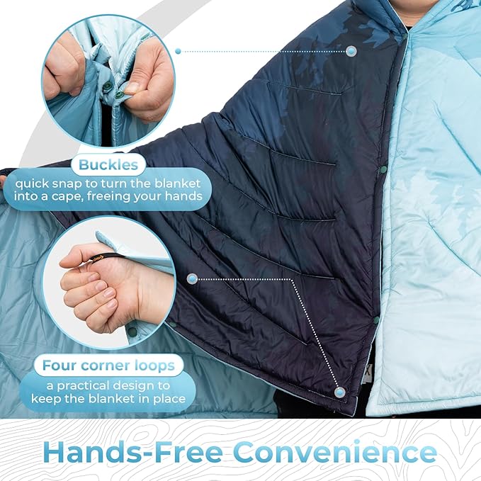 KingCamp Ultralight Camping Blanket, Packable Down Alternative Puffy Printed Wearable Blanket with Snap Buttons & Corner Loops Weatherproof Quilt for Outdoor Travel Stadium (79"L x 57”W, CYAN)
