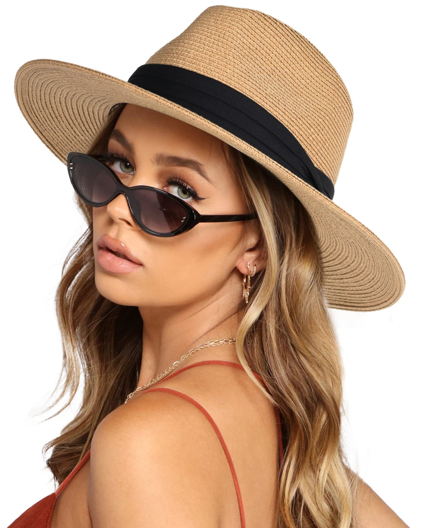 FURTALK Womens Mens Wide Brim Straw Panama Hat Fedora Summer Beach Sun Hats UPF Straw Hat for Women Khaki